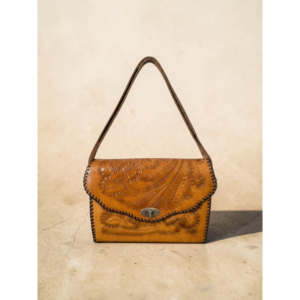 Vintage Tooled Leather Handbag - Western Floral Purse - Convertible Shoulder Bag